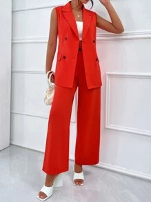 Chiquease Double Breasted Vest Blazer & Wide Leg Trousers - Burnt Orange - View 4