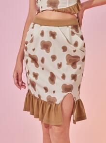 Meng Fei Lin Designer Women Graphic Print Split Ruffle Hem Skirt, For Summer, Holiday, Party, Festival