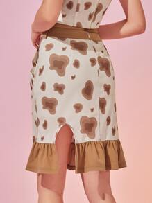 Meng Fei Lin Designer Women Graphic Print Split Ruffle Hem Skirt, For Summer, Holiday, Party, Festival