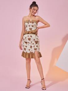 Meng Fei Lin Designer Women Graphic Print Split Ruffle Hem Skirt, For Summer, Holiday, Party, Festival