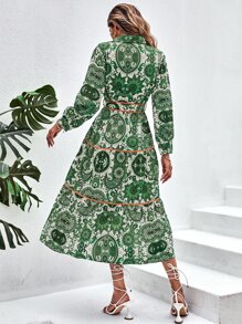 SHEIN VCAY Đầm Viên lá sen Nút phía trước Thắt lưng Bộ lạc Boho - màu xanh lá - Xem 2