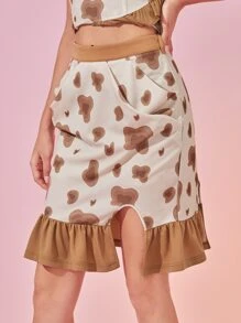 Meng Fei Lin Designer Women Graphic Print Split Ruffle Hem Skirt, For Summer, Holiday, Party, Festival