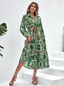 SHEIN VCAY Đầm Viên lá sen Nút phía trước Thắt lưng Bộ lạc Boho - màu xanh lá - Xem 3