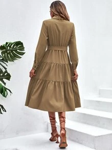 Aveloria Vestido camisero con botón delantero bajo con fruncido con cinturón - Café integral - Ver 2