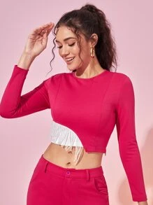 HIBA Áo thun crop top tua rua tương phản thiết kế, áo phông nữ mùa thu, cho mùa thu và đông - Màu Hồng Tươi - Xem 4