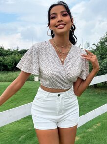 SHEIN VCAY Women Blouses Simpul Membungkus bunga ditsy Boho - Putih - View 3