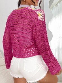 Cardigans Bloco de cores Nó frontal Ombro caído Malha aberta - Multicolorido - Visão 2