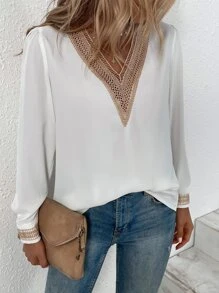 SHEIN LUNE Contrast Guipure Lace Bishop Sleeve Blouse - White - View 1