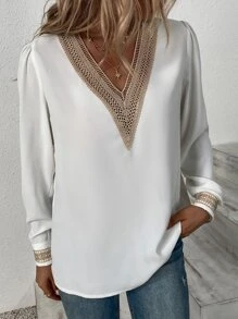 SHEIN LUNE Contrast Guipure Lace Bishop Sleeve Blouse - White - View 4