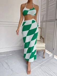 SHEIN VCAY 幾何圖案露背打結O形環細節繞頸高開叉毛衣裙 - 彩色 - 查看 1