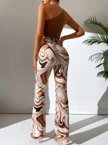 SHEIN Tall 單肩短款上衣和大理石圖案抽繩後綁帶喇叭褲 - 棕色 - 查看 2