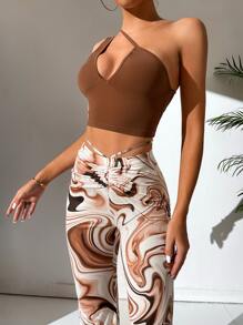 SHEIN Tall 單肩短款上衣和大理石圖案抽繩後綁帶喇叭褲 - 棕色 - 查看 3
