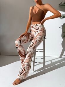 SHEIN Tall 單肩短款上衣和大理石圖案抽繩後綁帶喇叭褲 - 棕色 - 查看 5