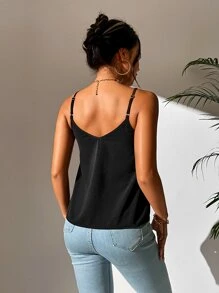 SHEIN PETITE Contrast Eyelash Lace Cami Top - Black - View 2