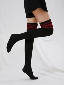 1双女士不对称三条纹过膝袜，适合日常穿着，舒适保暖 - 彩色 - 查看 3