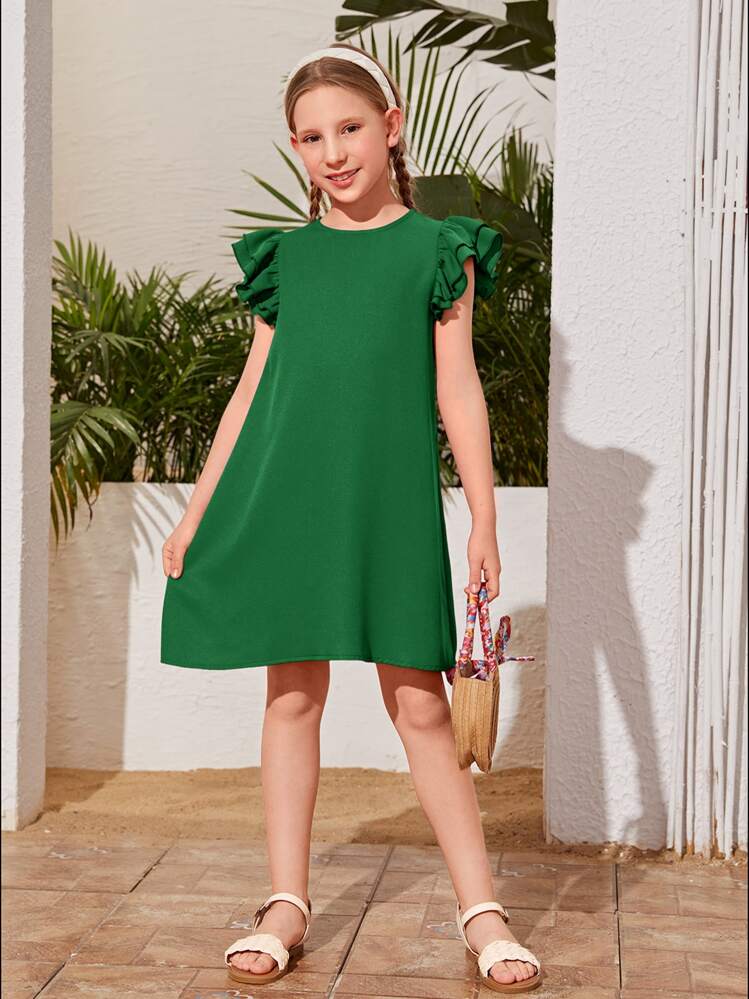 SHEIN Robe droite - Fille préadolescente. Couleur unie, col rond, impression de tournesol, manches papillon. - Vert - Voir 1