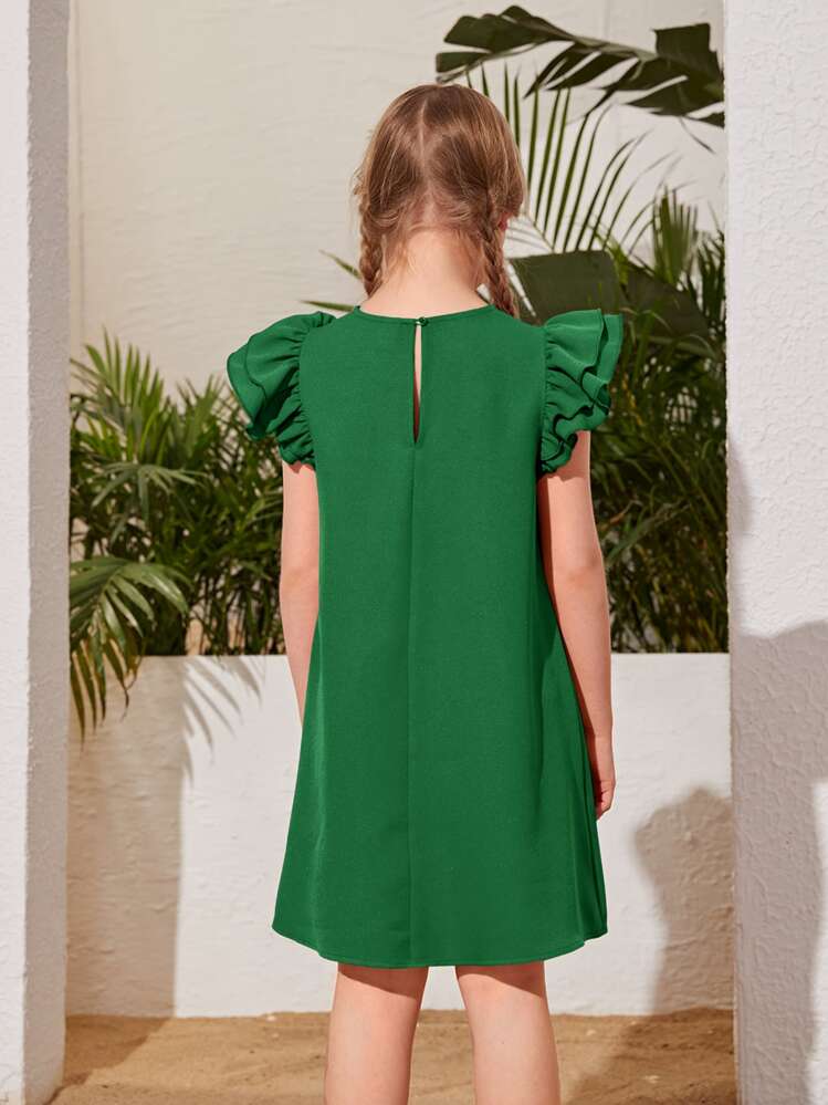 SHEIN Robe droite - Fille préadolescente. Couleur unie, col rond, impression de tournesol, manches papillon. - Vert - Voir 2