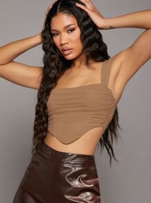 不對稱下擺網紗寬帶上衣 - 摩卡棕 - 查看 4