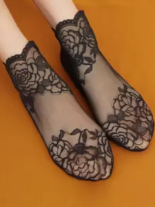 Floral Pattern Crew Socks - Black - View 1