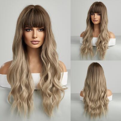 26英寸長啡色漸層金色卷曲波浪假髮，蓬鬆髮型，配有瀏海，防高溫纖維合成假髮，適用於女性日常、派對、萬聖節佩戴