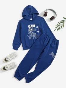 SHEIN Sudadera Y Pantalón De Chándal Gráfico Con Letra Y Gamepad Para Niños Preadolescentes