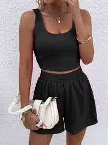 Calvaya Rib-knit Crop Tank Top & Shorts - Black - View 5