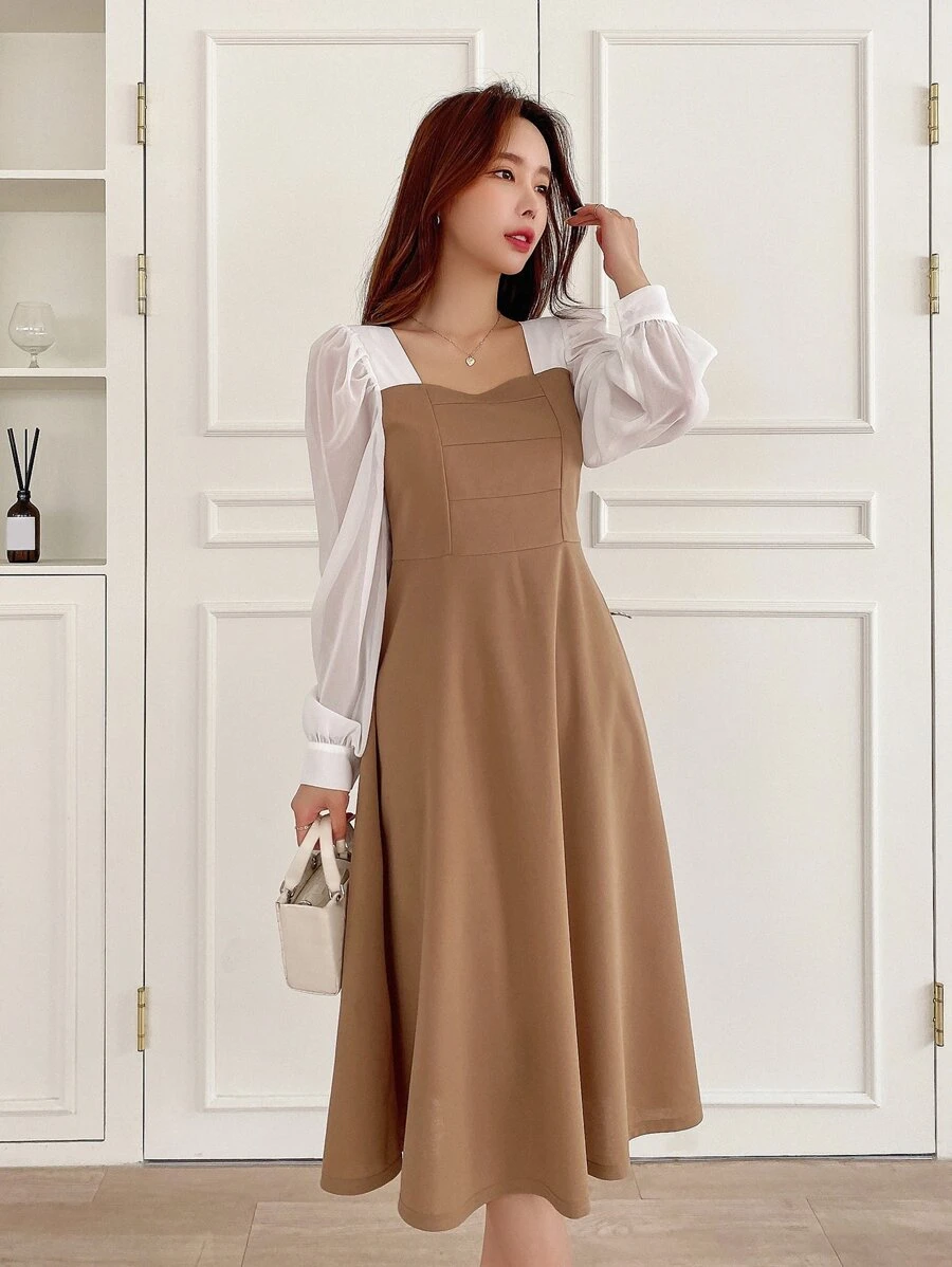 DAZY Two Tone Square Neck Bishop Sleeve Dress,Fall Clothes - Khaki - View 1