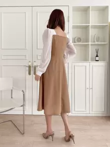 DAZY Two Tone Square Neck Bishop Sleeve Dress,Fall Clothes - Khaki - View 2