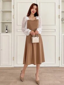DAZY Two Tone Square Neck Bishop Sleeve Dress,Fall Clothes - Khaki - View 3