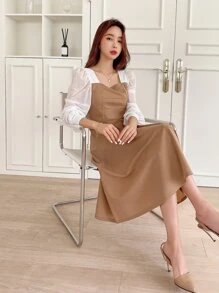 DAZY Two Tone Square Neck Bishop Sleeve Dress,Fall Clothes - Khaki - View 4