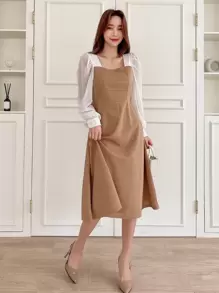 DAZY Two Tone Square Neck Bishop Sleeve Dress,Fall Clothes - Khaki - View 5