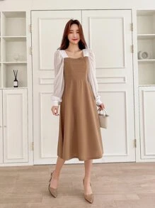 DAZY Two Tone Square Neck Bishop Sleeve Dress,Fall Clothes - Khaki - View 6