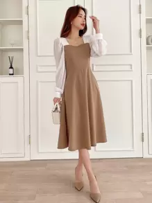 DAZY Two Tone Square Neck Bishop Sleeve Dress,Fall Clothes - Khaki - View 8