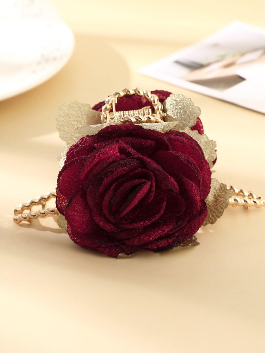 花朵裝飾髮爪 - 酒紅色 - 查看 1