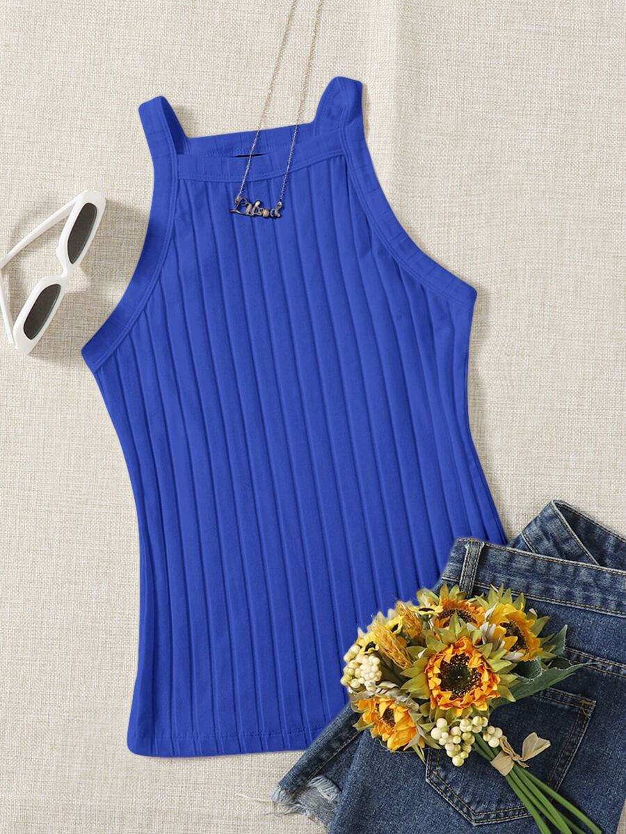 SHEIN EZwear Rib-knit Cami Top - Royal Blue - View 1