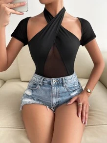 Contrast Mesh Cross Wrap Tie Back Bodysuit - Black - View 1