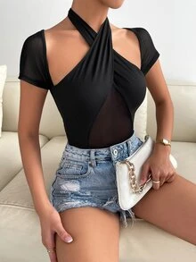 Contrast Mesh Cross Wrap Tie Back Bodysuit - Black - View 4