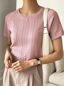 DAZY Solid Raglan Sleeve Textured Tee - Baby Pink - View 1