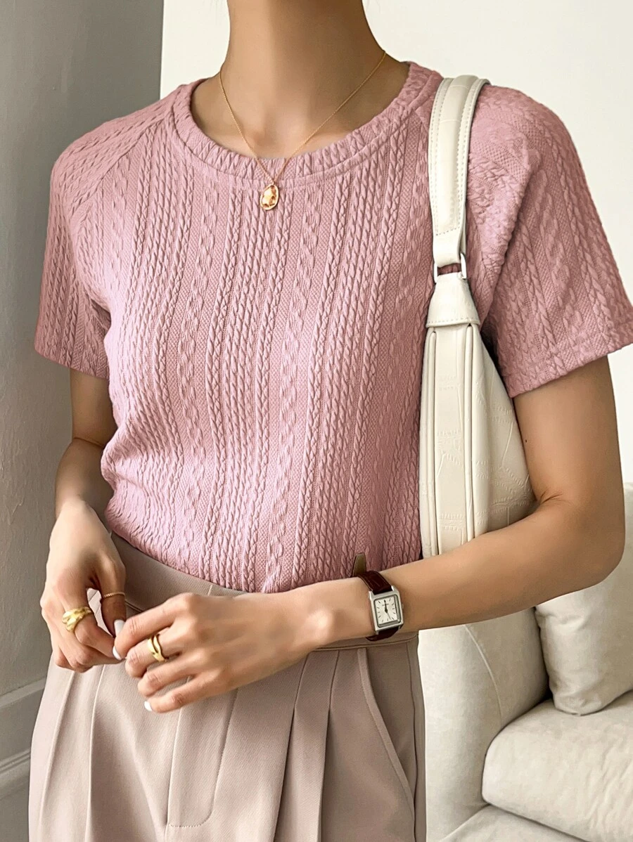 DAZY Solid Raglan Sleeve Textured Tee - Baby Pink - View 1