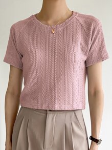 DAZY Solid Raglan Sleeve Textured Tee - Baby Pink - View 3