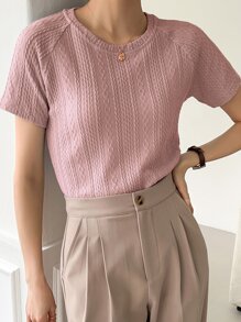 DAZY Solid Raglan Sleeve Textured Tee - Baby Pink - View 4