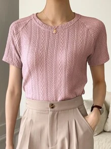 DAZY Solid Raglan Sleeve Textured Tee - Baby Pink - View 5