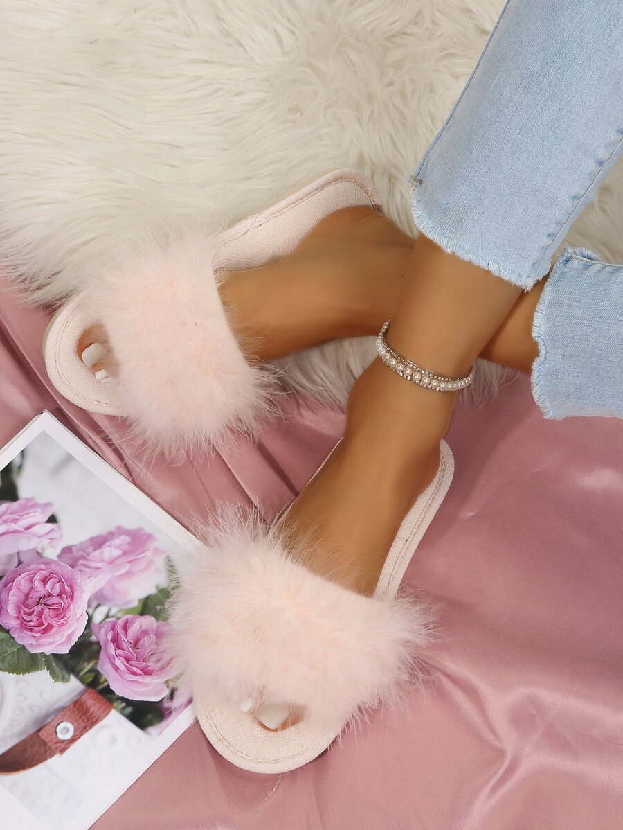 Women's Party Home Slippers With Fluffy Decoration For Bedroom - Baby Pink - View 1