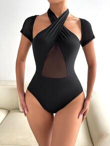 Contrast Mesh Cross Wrap Tie Back Bodysuit - Black - View 6