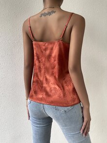 SHEIN LUNE 花卉圖案提花蕾絲拼接緞面吊帶上衣 - 珊瑚橙 - 查看 2