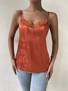 SHEIN LUNE 花卉圖案提花蕾絲拼接緞面吊帶上衣 - 珊瑚橙 - 查看 4