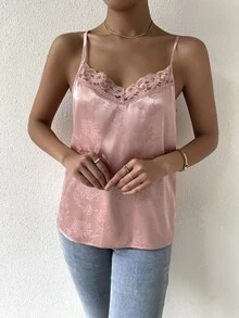 SHEIN LUNE 花卉圖案提花蕾絲拼接緞面吊帶上衣 - 藕粉色 - 查看 3