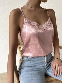 SHEIN LUNE 花卉圖案提花蕾絲拼接緞面吊帶上衣 - 藕粉色 - 查看 6