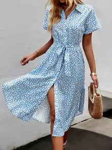 SHEIN VCAY Vestido floral con cordón delantero con botón - Azul - Ver 1