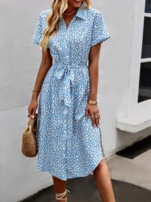 SHEIN VCAY Vestido floral con cordón delantero con botón - Azul - Ver 6
